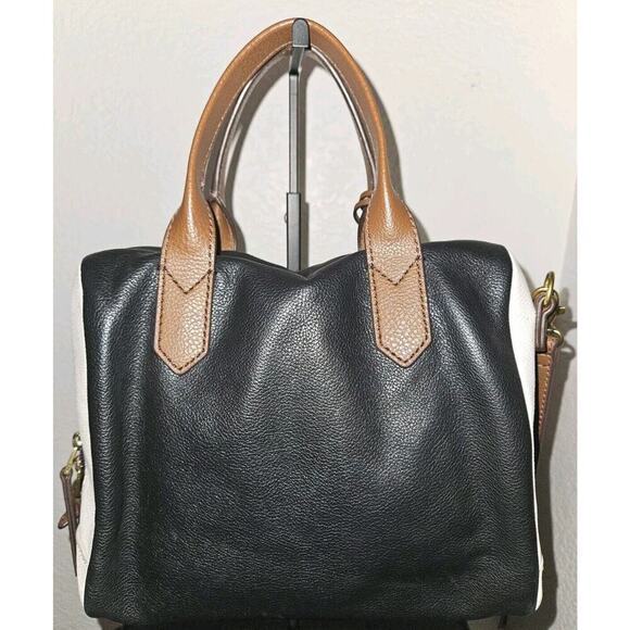 Fossil Fiona Satchel Black White Brown Color Block Leather Handbag 10x8x6 - Picture 6 of 15